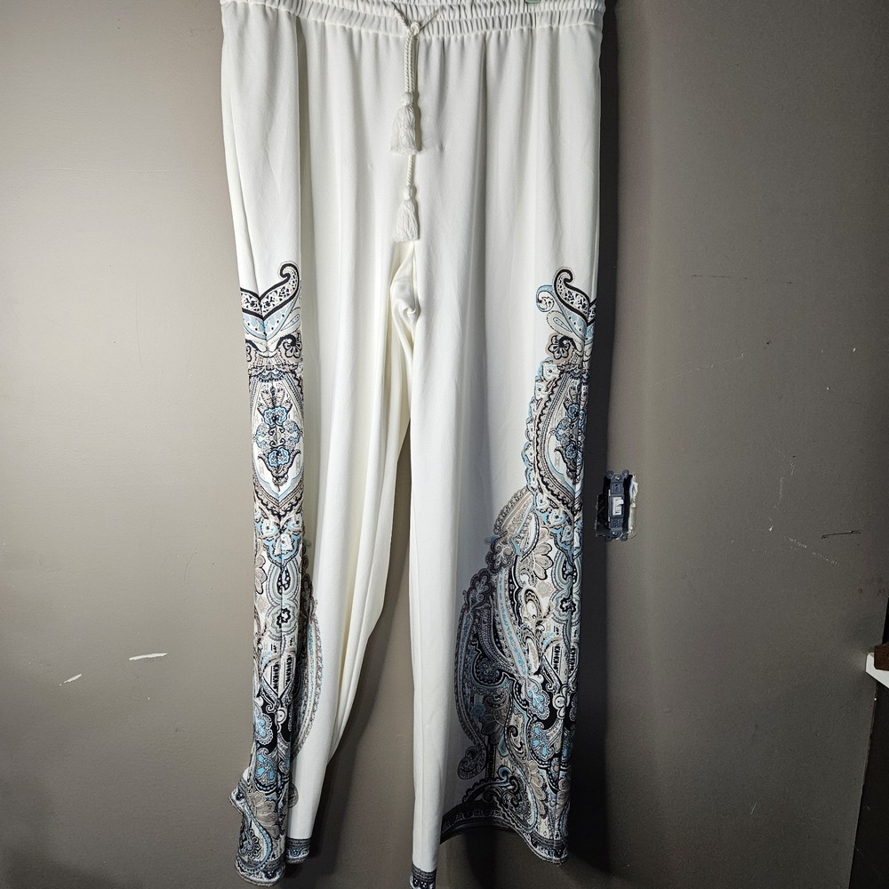 I.N.C. Women's White Paisley Wide-Leg Pull-On Pants Drawstring XL